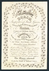 Burch, İrlanda çarşafları ithalatçısı, ticari kart by English School