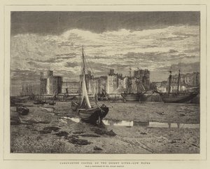 Caernarvon Kalesi, Seiont Nehri üzerinde, Düşük Su (gravür) by English School