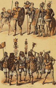 Caesar, Galya Savaşı: Romalı askerler (renkli taş baskı) by English School