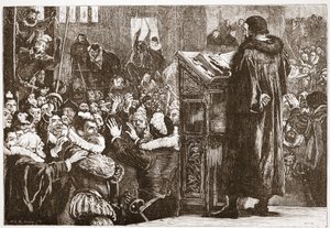 Calvin Rive kilisesinde tehdit, James Aitken Wylie (1808-1890) tarafından yazılan Protestanlığın Tarihinden bir örnek, pub. 1878 by English School