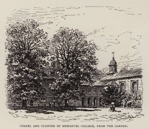 Cambridge: Bahçeden Emmanuel Koleji Şapeli ve Manastırı (gravür) by English School
