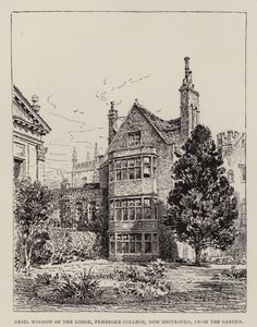 Cambridge: Köşkün Oriel Penceresi, Pembroke Koleji, şimdi bahçeden yok edildi (gravür) by English School