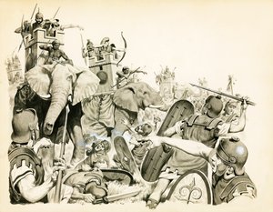 Carthaginians using their elephants against the Romans by English School