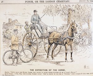 Punch dergisinden, 10 Ağustos 1895 tarihli, bisikletlerin ve motorlu taşıtların gelişi ve bunun sonucunda Atlı trafiğin sonu hakkında karikatür by English School