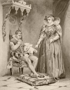 Catherine de'Medici, oğlu Charles IX ile (litho) by English School