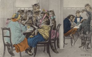 Çay içen kediler ve iskambil oynayan maymunlar (renkli taş baskı) by English School