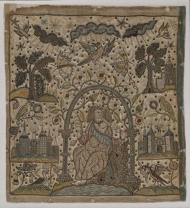 Bir kemerin altındaki sadaka, c.1640 (saten üzerine ipek, metal ipler ve pullar) by English School