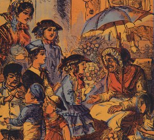 Yaşlı ve yoksul bir kadına para veren çocuk (renkli lito) by English School