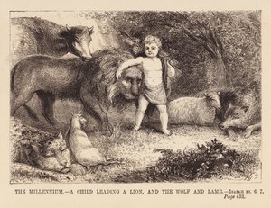 Aslan, kurt ve kuzuya liderlik eden çocuk (gravür) by English School