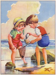 Deniz kenarındaki kaya havuzunda balık tutan çocuklar (renkli lito) by English School