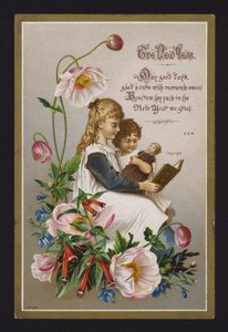 Kitap okuyan çocuklar, Yeni Yıl tebrik kartı, 19. yüzyıl sonu veya 20. yüzyıl başı (kromolito) by English School