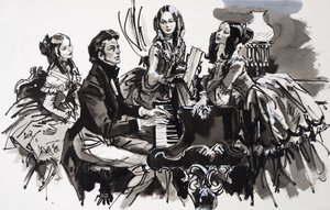 Chopin kadın hayranları ile (kağıt üzerine guaj) by English School