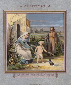 Noel kartı: İsa, ebeveynleri tarafından gözetlenen bir güvercinle oynuyor (chromolitho) by English School