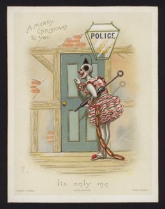 Bir polis karakolunun kapısını çalan palyaço (chromolitho) by English School