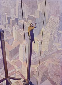New York City, New York, ABD (renkli taş) sokaklarının üzerinde bir gökdelenin çelik çerçevesindeki inşaat işçisi by English School