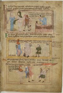 Cotton Claudius B IV fol.10 Lamech ve iki karısı ve oğlu, demirci Tubalcain, iş başında (parşömen) by English School