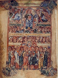 Cotton Galba A. XVIII, f.2v Tutkunun aletleriyle çevrili Majesteleri İsa ve melekler ve peygamberler koroları, 