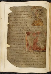 Cotton Vitellius A. XV f.103v, Balsamın yetiştiği bir ağaç; bir donestre, canavar başlı bir adam, solda bir insan bacağı ve ayağı tutan bir adam ve sağda bir kişi, Beowulf