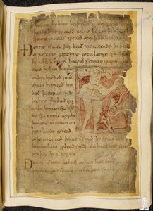 Cotton Vitellius A. XV f.104r, Bir panotii, yani kulakları gövdelere çıkıntı yapan, yaya benzeyen bir nesne tutan bir adam, Beowulf