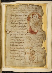 Cotton Vitellius A. XV f.106r, Kemerin altındaki bir minder üzerinde oturan bir adam; köpekler gibi ağzı açık iki kedi yavrusu; Asalı cüppeli bir adam, elini başka bir adama uzatıyor, Beowulf