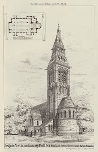 New Church, Cambridge Park, Twickenham, Sketch of Tower ve Chancel için tasarım (gravür) by English School