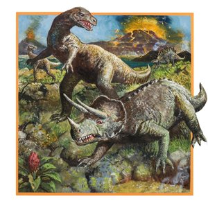 Yanardağlı dinozorlar (kağıt üzerine guaj) by English School
