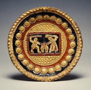 Bir erkek ve bir kadın bir çift pantolon için tartışıyorlar (kurşun sırlı çanak çömlek) by English School