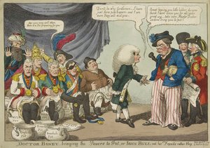 Doktor Boney_Bringing the Powers to Pot, ya da John Bull ve arkadaşları oldukça utangaç, pub. 1808 (el renkli gravür) by English School