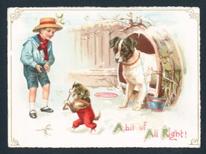 Köpek, Köpek Yavrusu ve Karda Oynayan Çocuk, Noel Kartı by English School