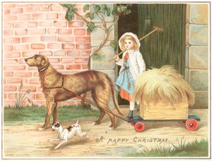 Köpek, samanla dolu arabayı çekiyor, Noel kartı by English School