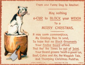 Doğrama bloğu, Noel kartı üzerinde oturan köpek by English School