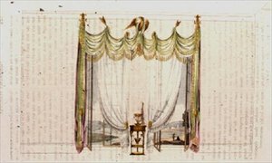 Çizim Odası Pencere Perdesi ve Çalışma Masası, Ackermann's Repository of Arts'tan levha 104, 1809-28'de yayınlandı (renkli litho) by English School