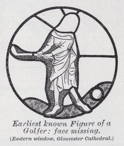 Bilinen en eski golfçü figürü, yüzü kayıp, Doğu penceresi, Gloucester Katedrali (litho) by English School