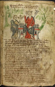 Edward II, sol elinde asa ile bir tahtta oturuyor ve sağ eliyle tacına dokunuyor. Küçük bir figür (muhtemelen Galler'in kişileştirilmesi) ona başka bir taç (muhtemelen İskoçya'nın tacı) sunar. İkinci figürün bir by English School