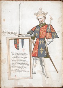 Zırhlı ve tabardlı İngiliz kralı (II. Richard), üzerinde ayetler bulunan bir plaket takdim ederken. by English School