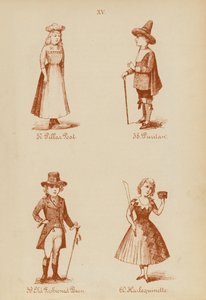 Süslü elbise kıyafetleri: Pillar Post, Puritan, Old Fashioned Bean, Harlequinette (litho) by English School
