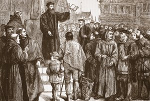 Farel Neuchatel pazar yerinde vaaz veriyor, James Aitken Wylie (1808-1890) tarafından yazılan Protestanlığın Tarihinden bir örnek, pub. 1878 by English School