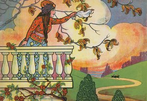 Fatima kardeşlerinin dikkatini çekmek için el sallıyor (renkli taş baskı) by English School