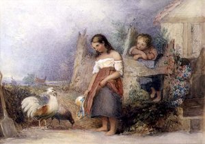 Tavuk Besleme (kağıt üzerine sulu boya) by English School