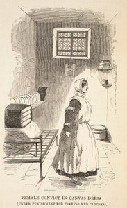 Kanvas elbiseli kadın mahkûm (kıyafetlerini yırttığı için cezalandırılıyor), The Criminal Prisons of London ve Scenes from Prison Life, Henry Mayhew ve John Binny, pub. 1862 (tur by English School