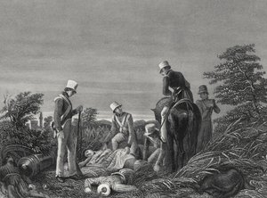 Chillianwallah savaşından sonra 24. Alayın renklerini bulmak, 1850 dolayları (gravür) by English School