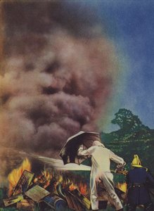 İtfaiyeci bir asbest kıyafeti ve şemsiye ile deney yapıyor (renkli lito) by English School