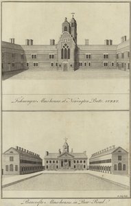 Fishmongers Almshouses, Newington Butts ve Bancrofts Almshouses, Bow Road, Londra by English School