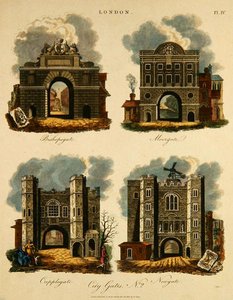 Dört Şehir Kapısı: Bishopsgate, Moorgate, Cripplegate ve Newgate, J. Pass tarafından oyulmuş, pub. G. Jones tarafından by English School