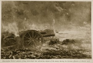Gaz maskeli İngiliz topçular, 1918, 1918-19 Mart Alman taarruzu sırasında düşmanın ilerleyen kitlelerine nokta atışı ateş etti. by English School