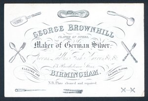 George Brownhill, Alman gümüşü üreticisi, ticaret kartı by English School