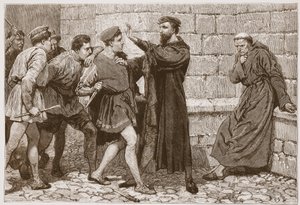 George Wishart müstakbel suikastçisini koruyor, James Aitken Wylie'nin (1808-1890) 'Protestanlığın Tarihi'nden bir çizim, pub. 1878 (gravür) by English School