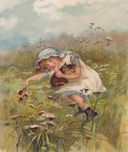 Kız ve bir tarlada uyuyan bir kedi (chromolitho) by English School