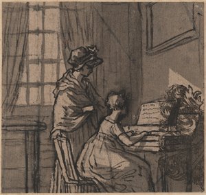 Klavikordaki kız, c.1800 (kalem ve kağıt üzerinde yıkayın) by English School