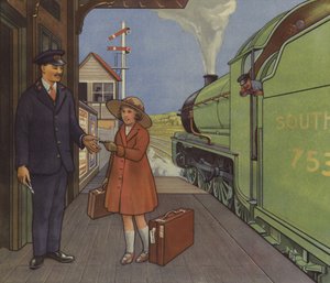 Tren biletini istasyon şefine veren kız (renkli taş baskı) by English School